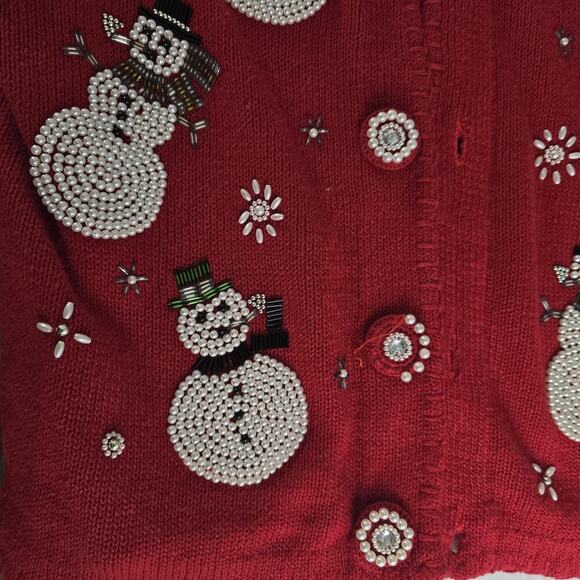 Victoria‎ Jones VTG Christmas Red Cardigan Medium Elegant Beaded Pearls Snowman - Picture 9 of 10